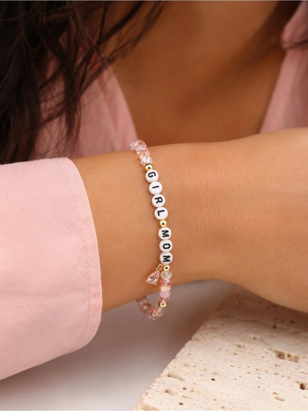 GIRL MOM Pink Beaded Stretch Bracelet